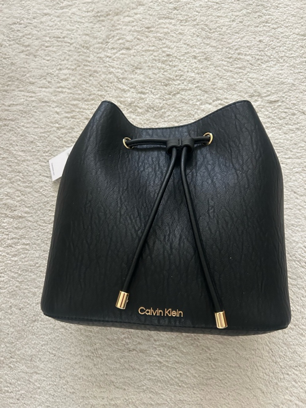 Calvin Klein Black Leather Drawstring Hobo with Gold Hardware
